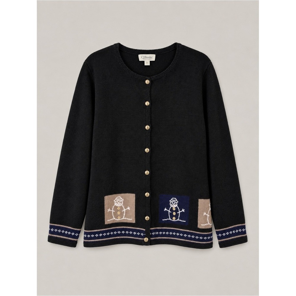 Vintage CJ Banks Snowman Cardigan Sweater 2X Embroidered Holiday Winter Novelty
